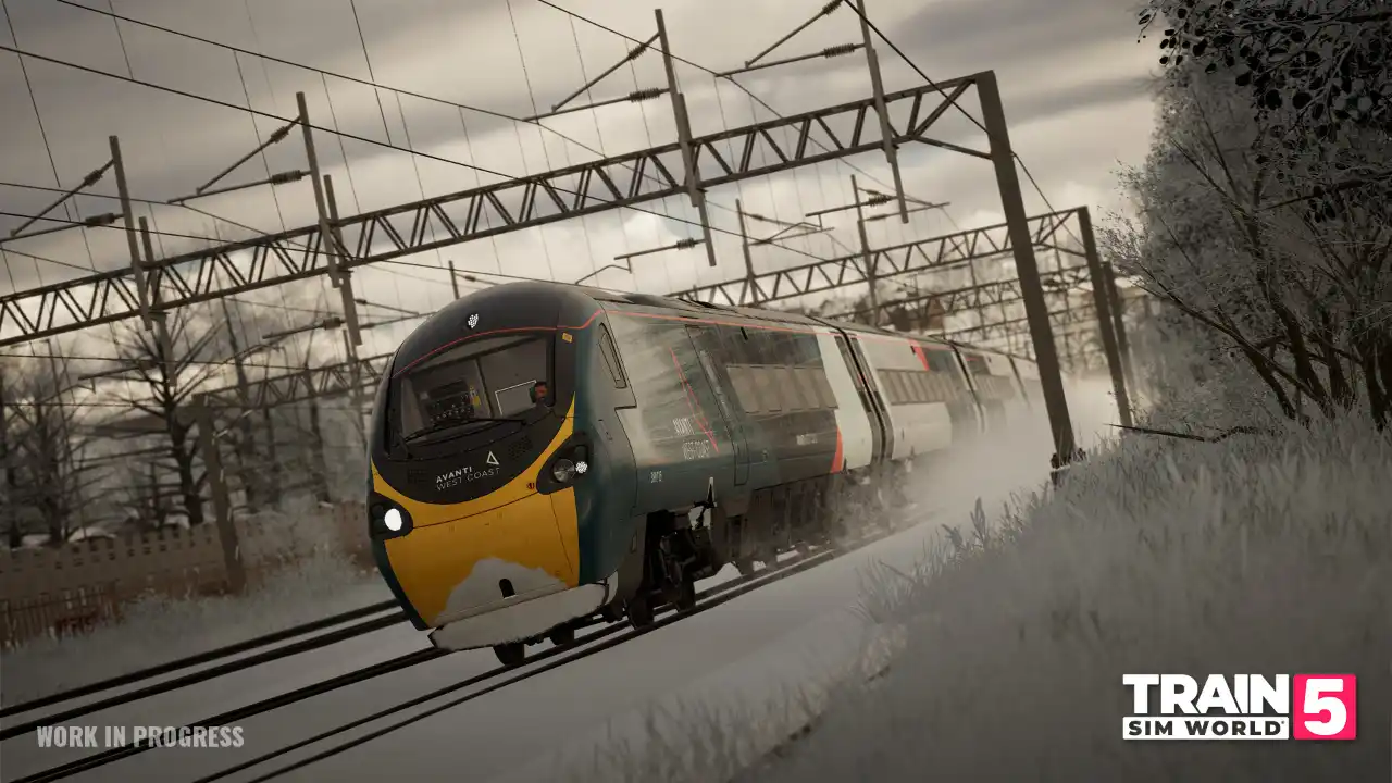 An Avanti West Coast class 390 speeds down the West Coast Main Line on a snowy, winter's day.