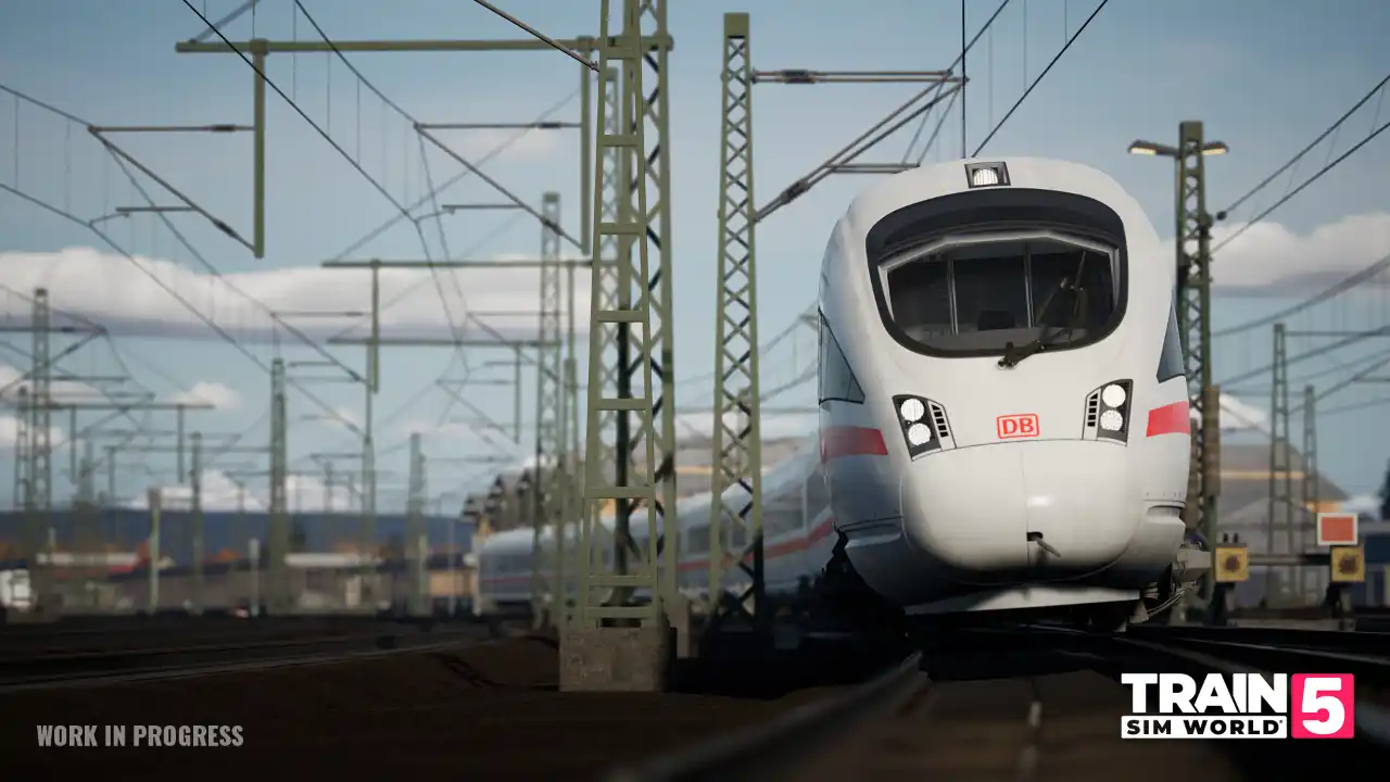 A German high-speed train, the ICE-T, cruises along the tracks with overhead line equipment above.