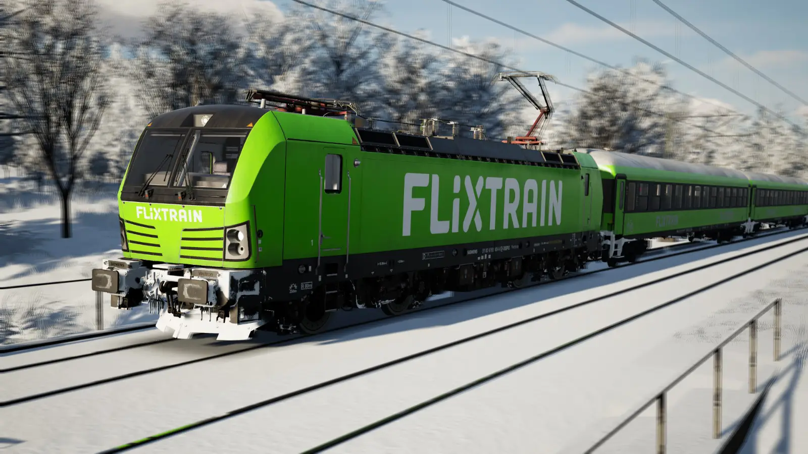 The lime green livery of the Flixtrain Vectron contrasts the snow-covered tracks and scenery on a cold, winter's day.