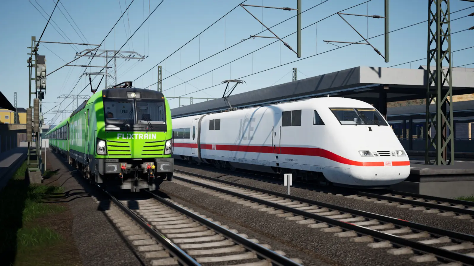 A lime green locomotive departs a station, with the 'Flixtrain' logo on its front. To its right is a DB train, with the iconic strip of red along the length of the lower third of the unit.