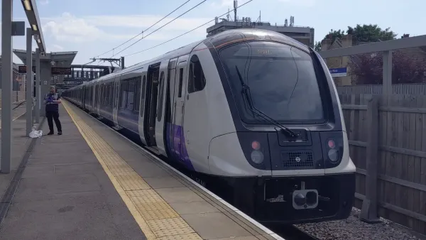 The front of the Class 345 is black. Above the driver's window is the destination display. The rest of the train is purple.