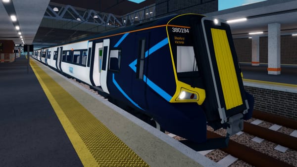 A Stepford Connect Class 380 waits for passengers at Stepford Airport Central with its doors open